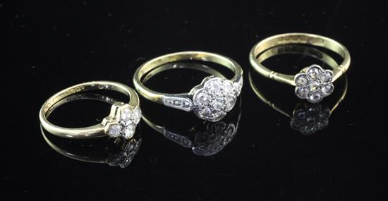 Three early 20th century 18ct gold and diamond cluster rings, sizes J,Q&R.